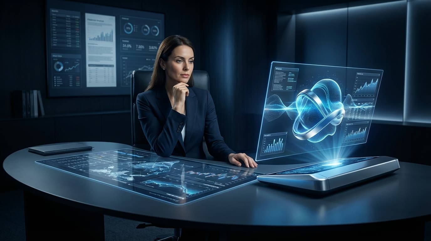 Human financial analyst working alongside an AI copilot in a professional finance setting.